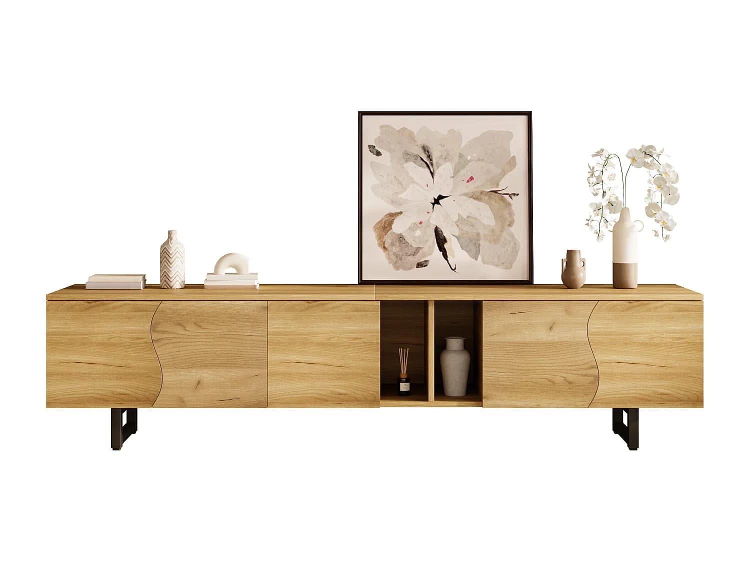 Meuble TV moderne - 191 x 38 x 46.5 cm - avec 5 portes - design unique - MDF + aggloméré - naturel
