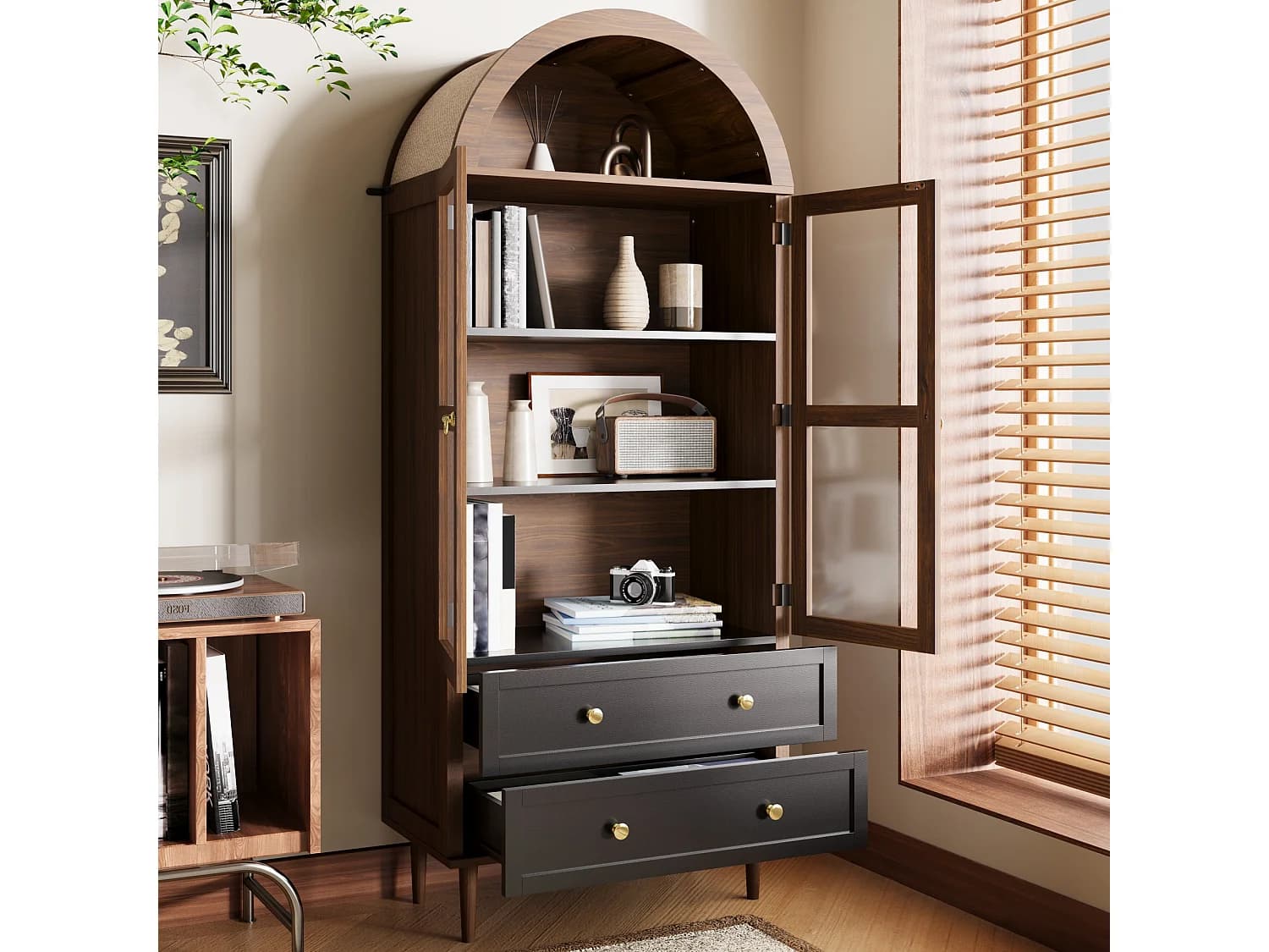 Buffet avec 2 tiroirs et 2 portes verres - Courbure rétro - couleur bois foncé