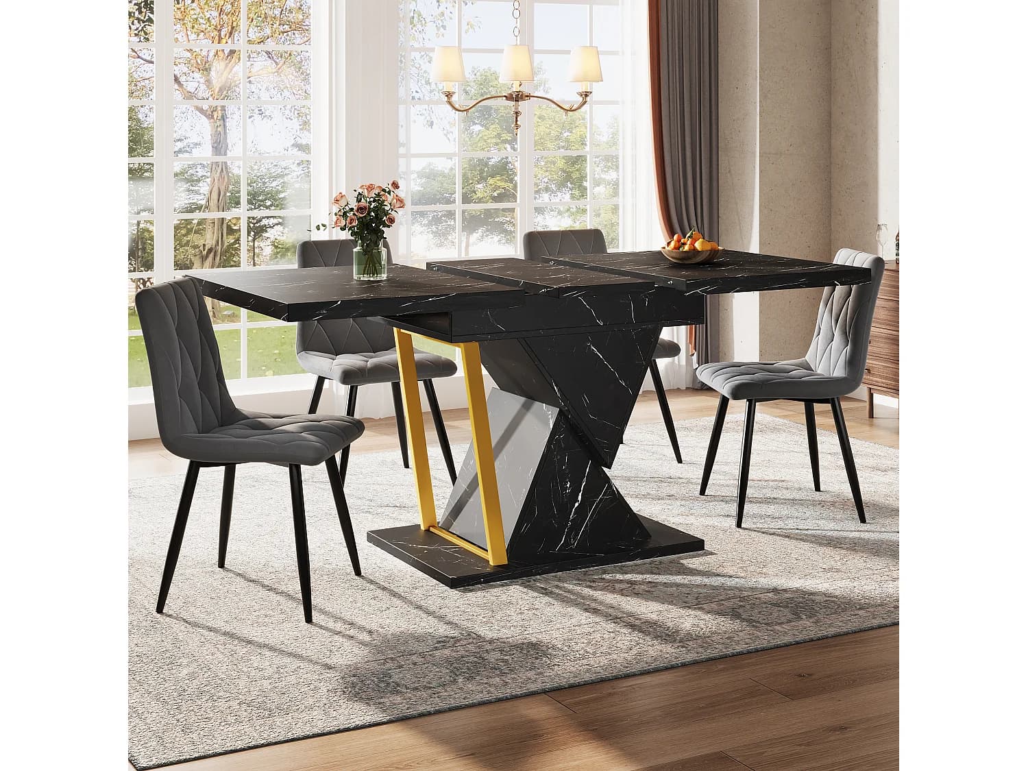 Table à manger extensible 4 à 6 personnes - Plateau effet marbre noire - Bois MDF
