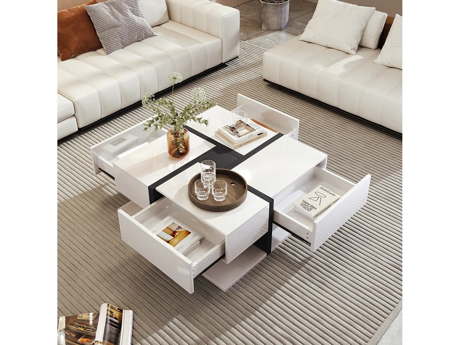 Table basse laquée brillante avec 4 tiroirs -Design linéaire - Blanc 78 x 78 x 36 cm
