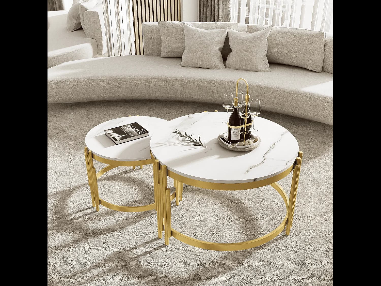 Table basse gigogne avec plateau effet marbre - Structure en métal doré