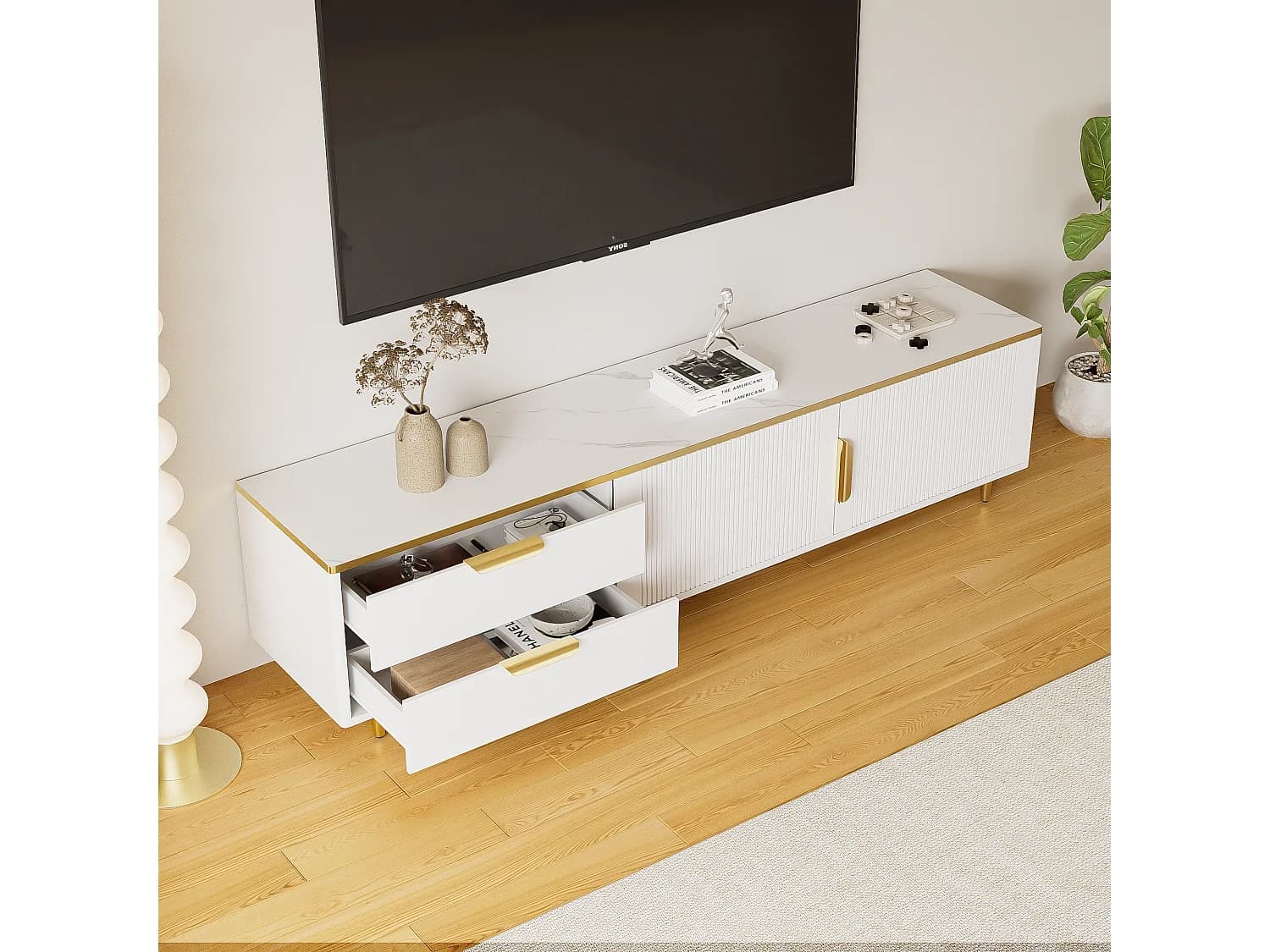 Meuble TV avec 2 portes et 2 tiroirs -poignées et pieds dorés- Blanc