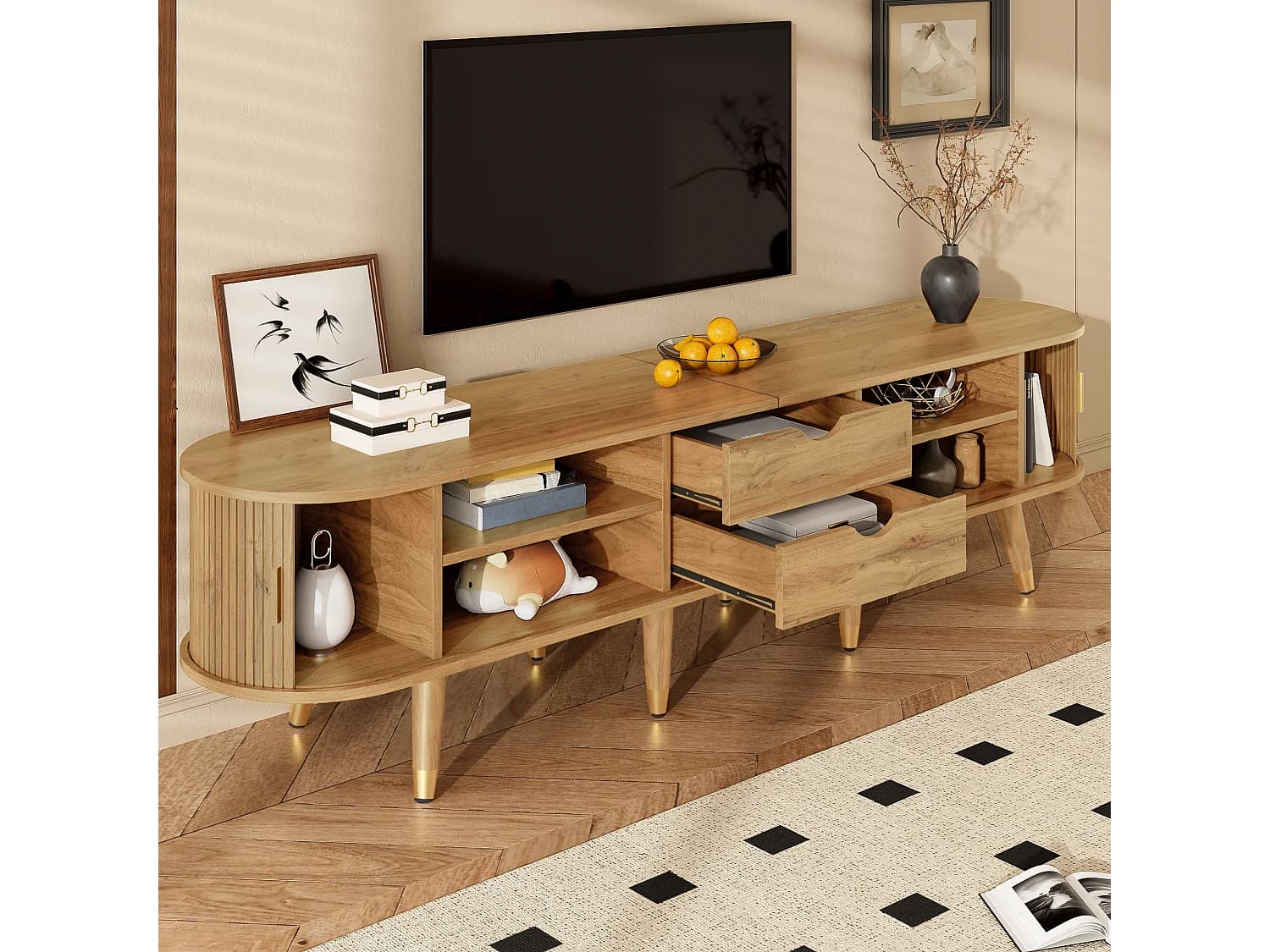Meuble TV avec 2 tiroirs et 2 portes coulissantes - Finition woodgrain clair - Couleur bois