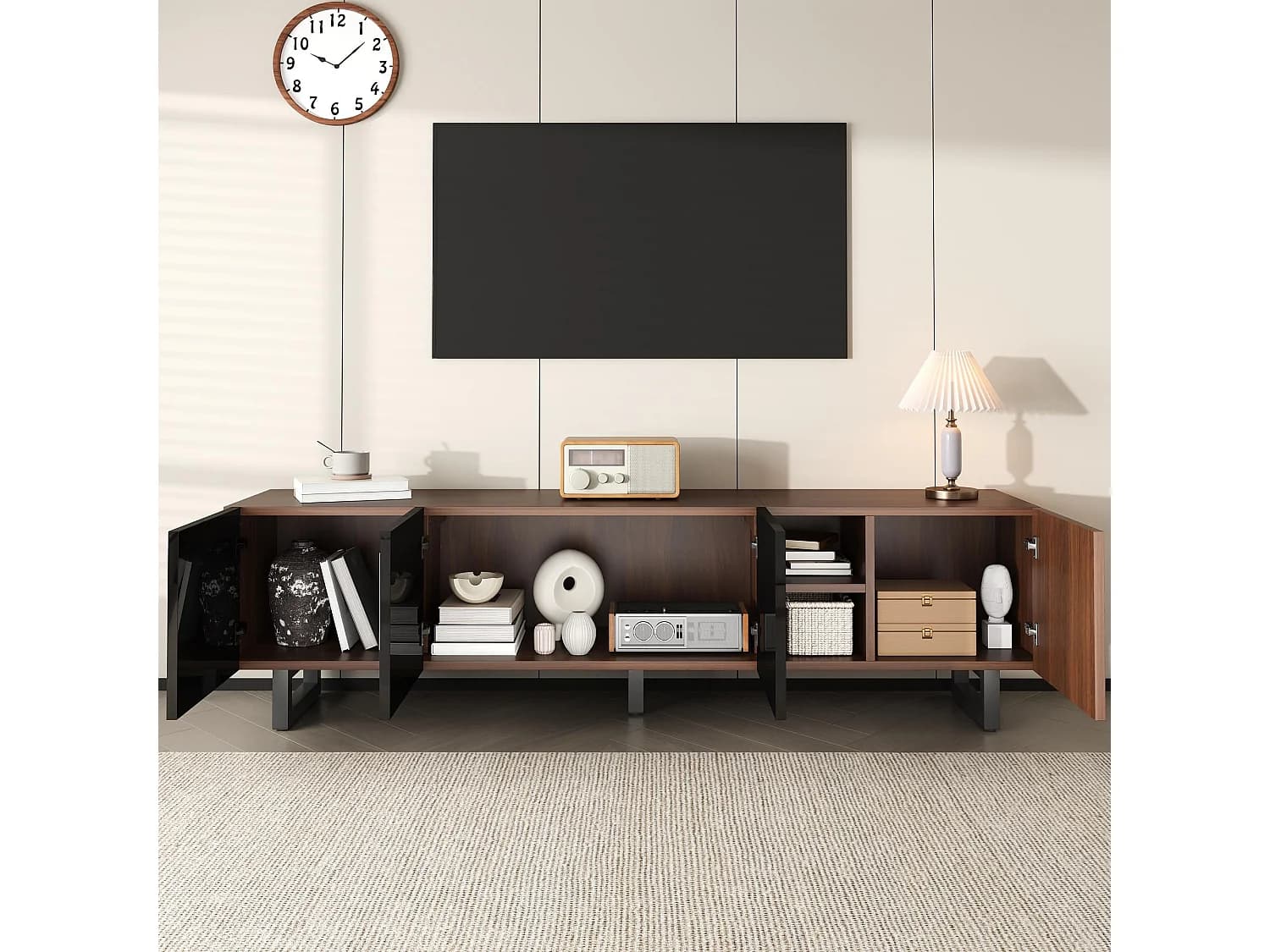 Meuble TV avec 4 portes - Finition brillant noire -Couleur bois 180 x 38 x 50 cm