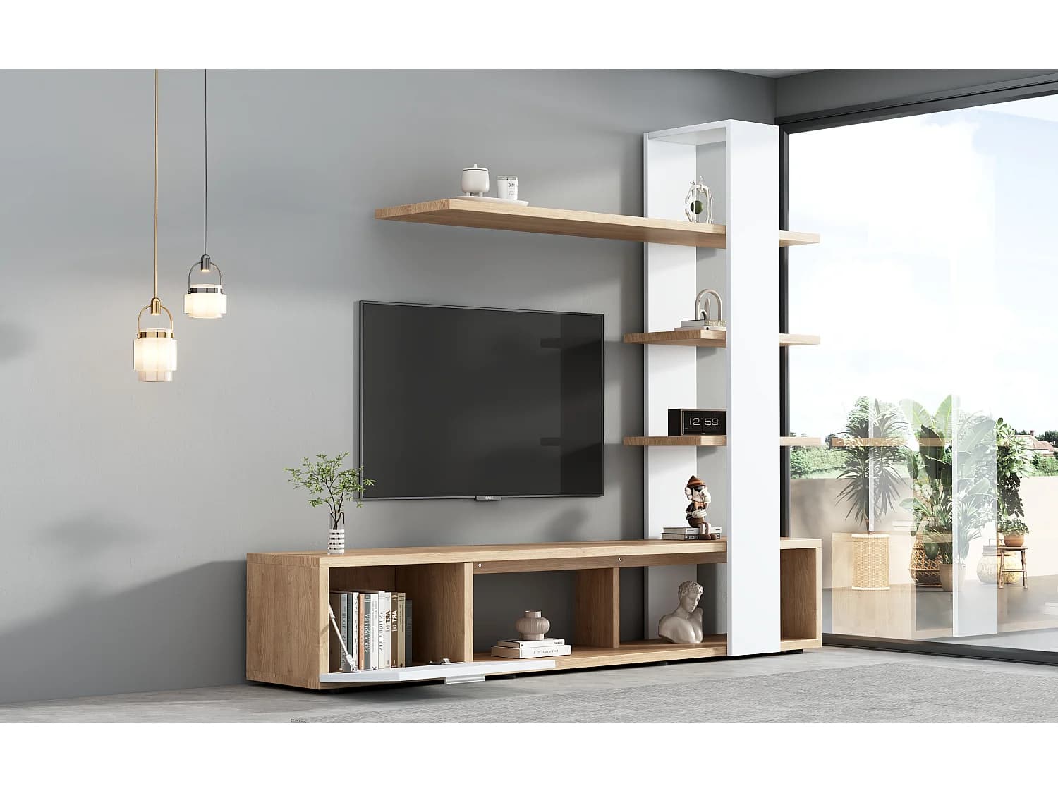 Ensemble meuble TV avec étagères - Couleur blanc et bois