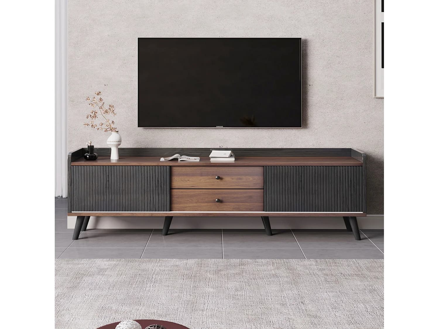 Meuble TV avec 2 tiroirs et 2 portes coulissantes, porte rayée, noir et bois