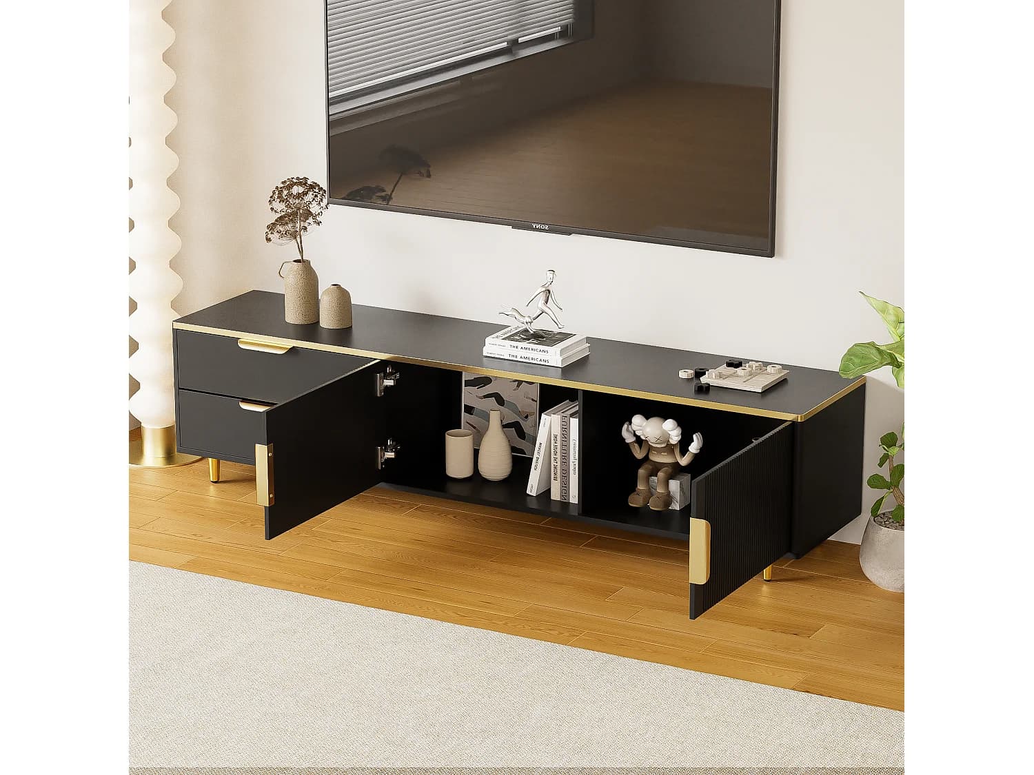 Meuble TV avec 2 portes et 2 tiroirs -poignées et pieds dorés- Noir