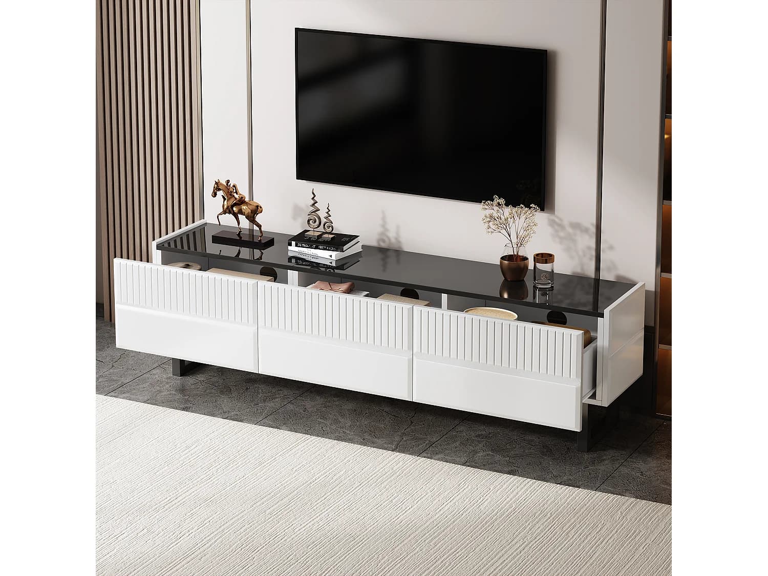 Meuble TV à 3 tiroirs - Design classique noir et blanc - Plateau finition brillant