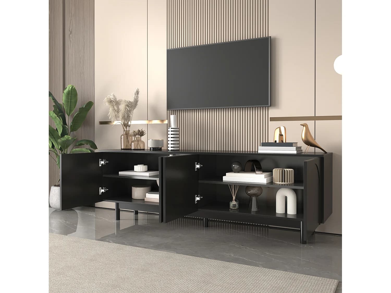 Meuble TV noir moderne avec 4 portes -étagère réglable - Noir 175 x 38 x 56cm