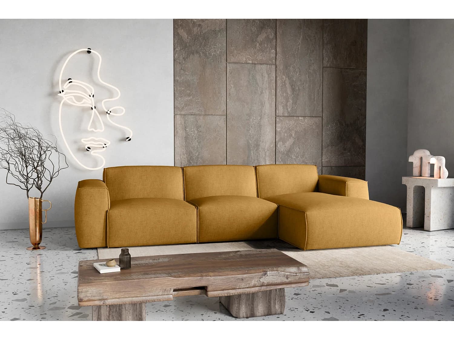 Canapé d'Angle droit avec fonction de couchage Hudson moutarde