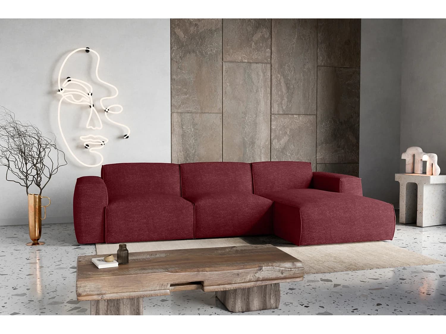Canapé d'Angle droit avec fonction de couchage Hudson bordeaux luxe