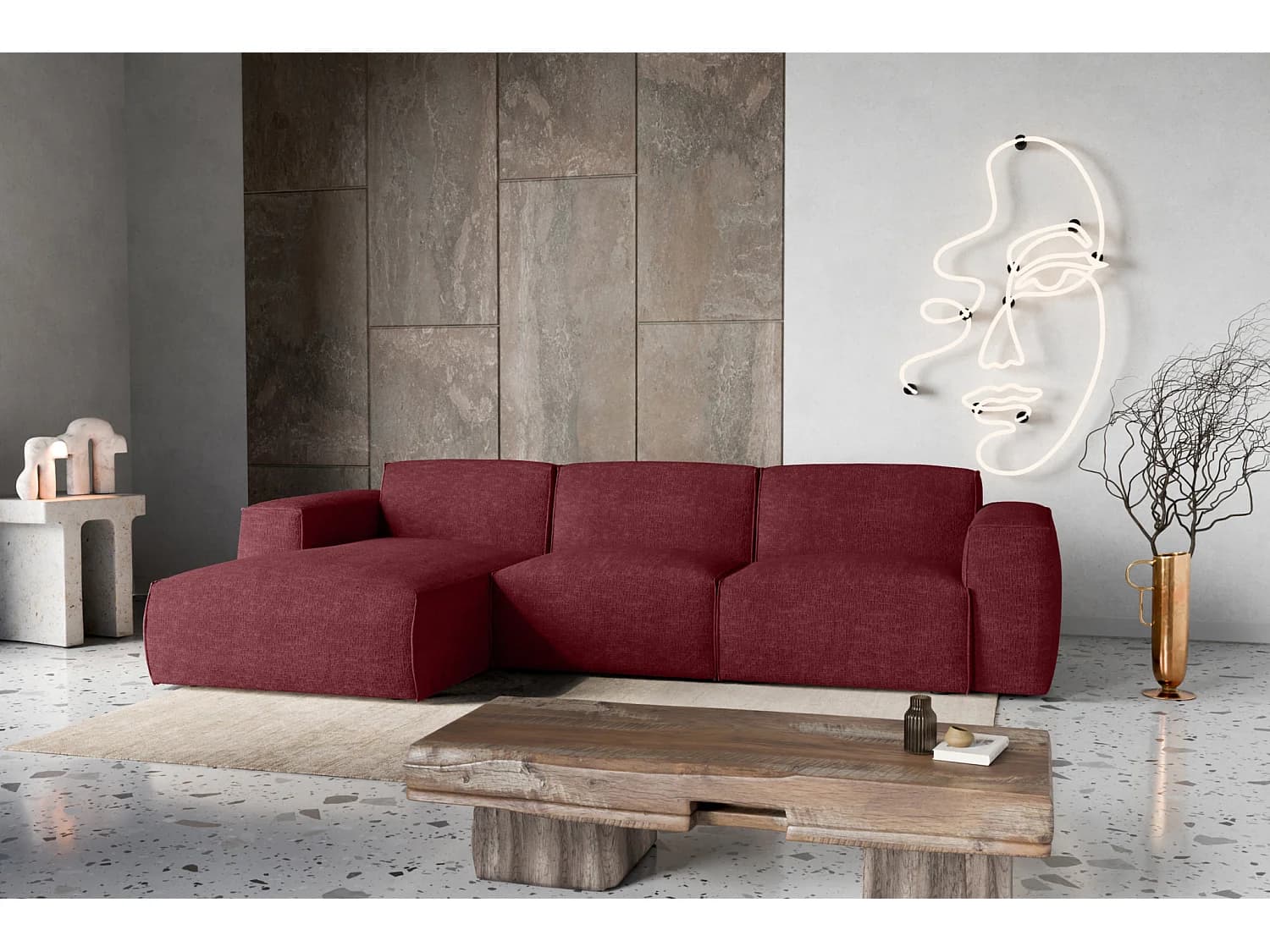 Canapé d'Angle gauche avec fonction de couchage Hudson bordeaux luxe