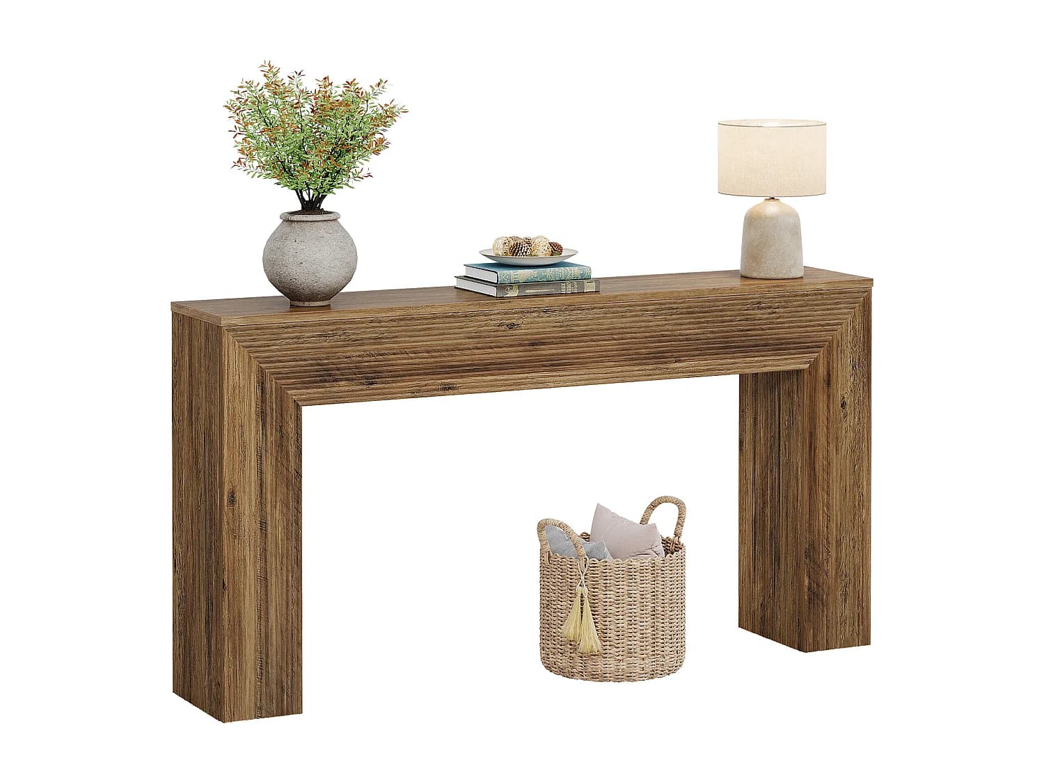Console de 160 cm, table d'appoint rustique cannelée à placer derrière un canapé dans une entrée