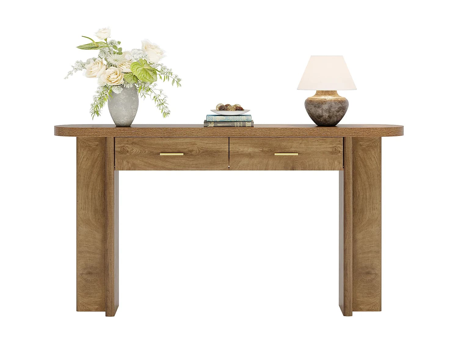 Console ovale incurvée de style campagnard avec 2 tiroirs, 160 cm, idéale pour une entrée avec rangement.