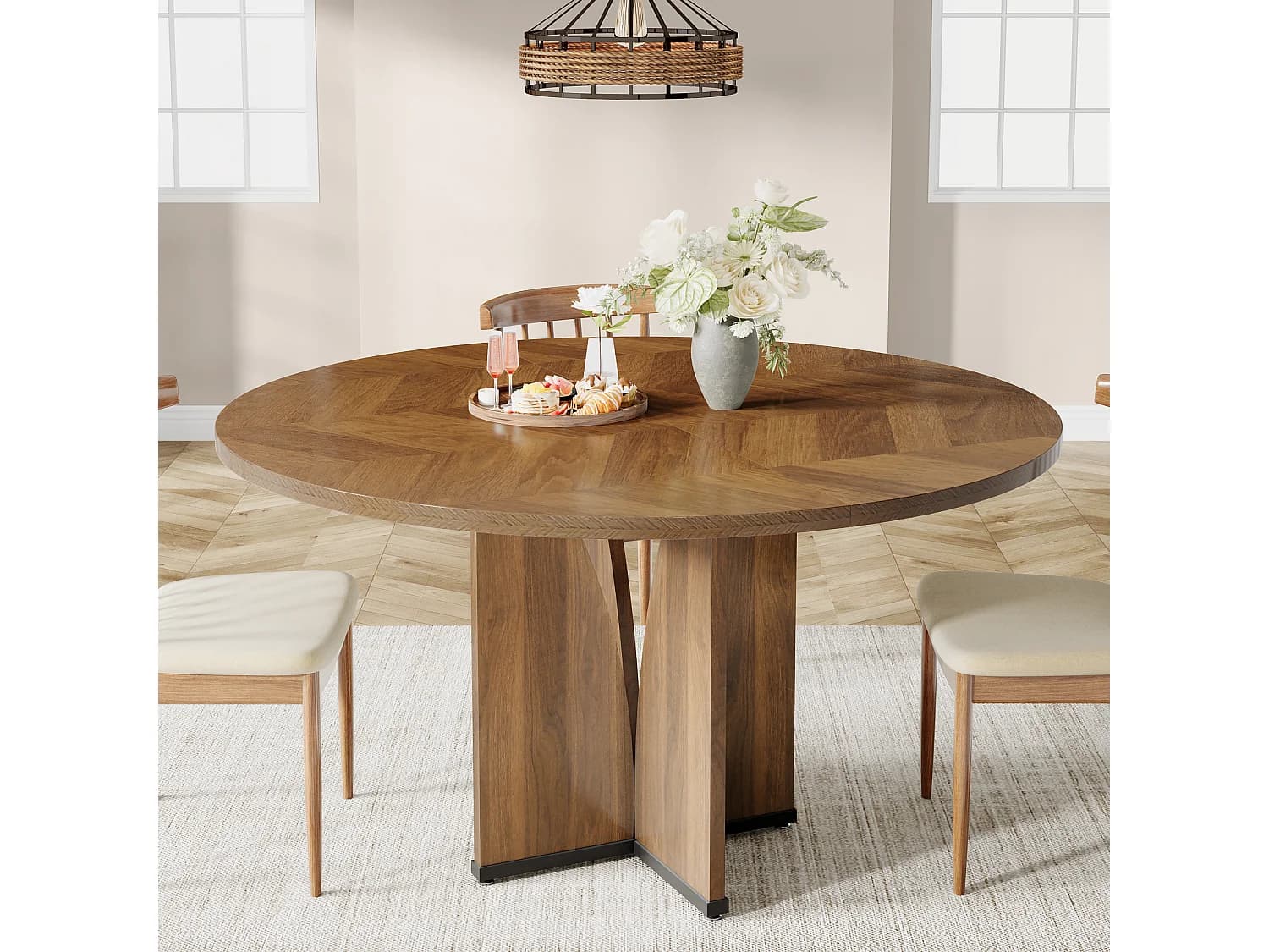 Table de salle à manger ronde pour 4 personnes, table de cuisine rustique avec pied central stable en forme de X