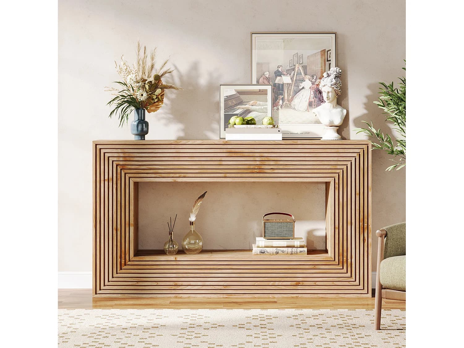 Console de 150 cm, table d'entrée cannelée de style campagnard avec rangement, table basse de canapé.