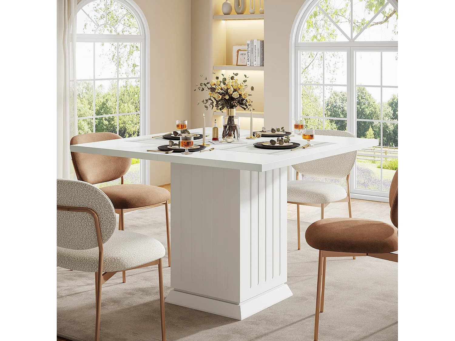 Table de salle à manger carrée avec 2 sets de table, petite table de cuisine blanche pour 4 personnes