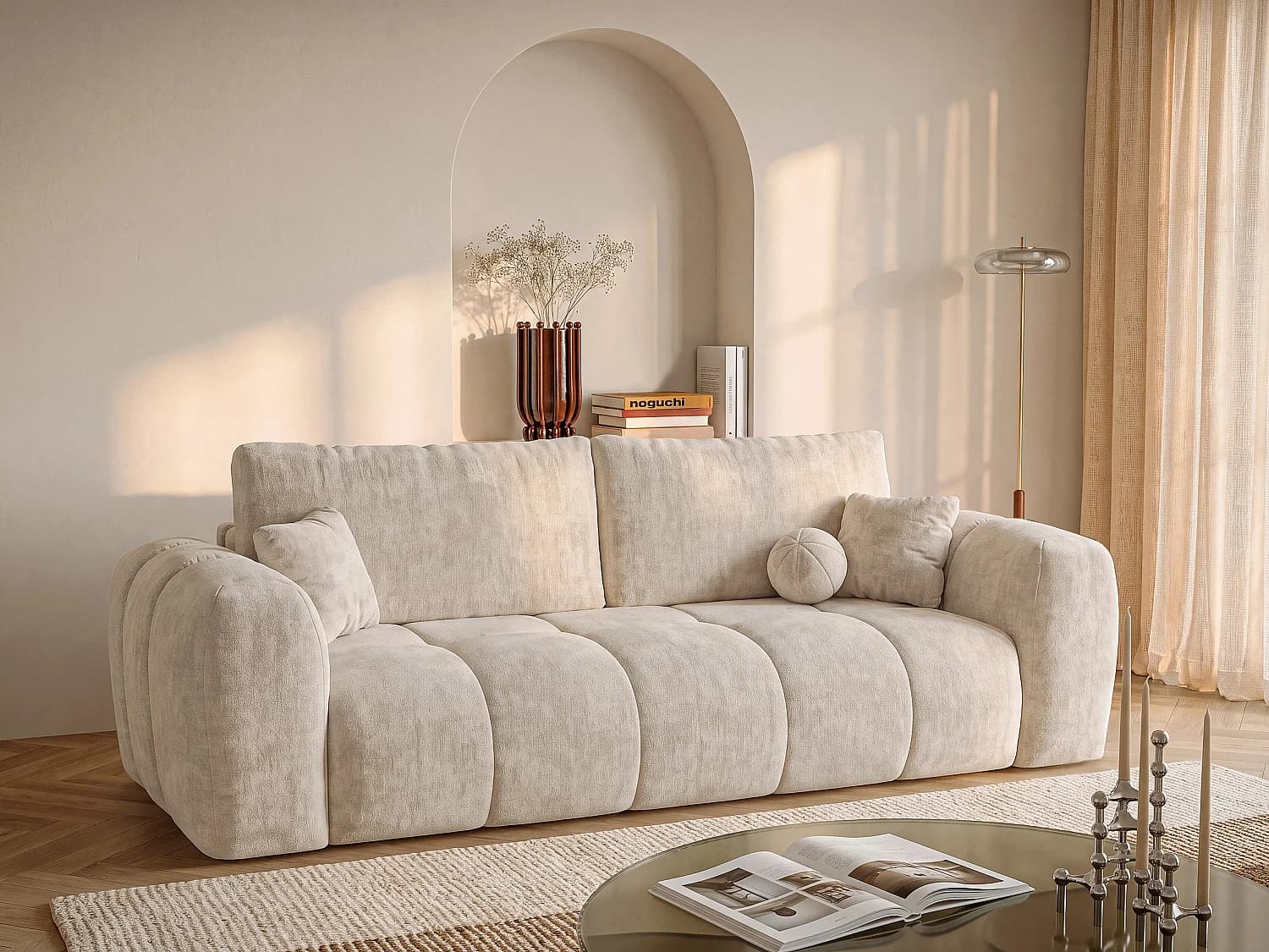 Canapé 3 places convertible express en tissu chenille beige - Couchage 140 cm - Matelas 16 cm mémoire de forme BRIVANO