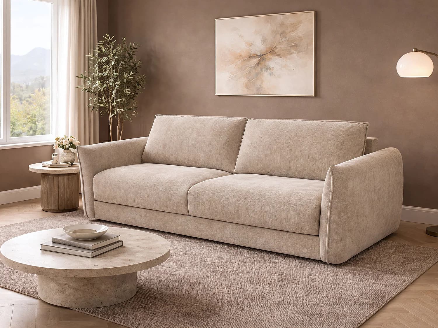 Canapé 4 places convertible express en tissu texturé beige - Couchage 160 cm - Matelas 13 cm mémoire de forme GABRIZA