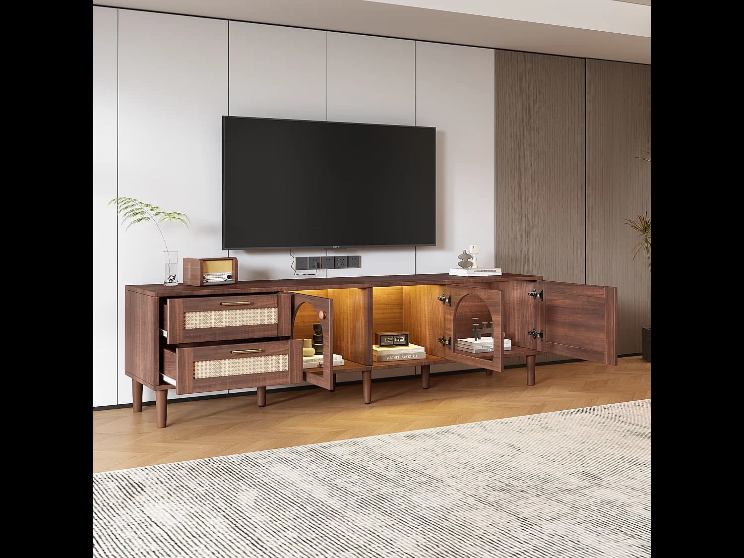 Meuble TV marron - Meuble TV avec 2 tiroirs en rotin et 3 portes - eclairage LED