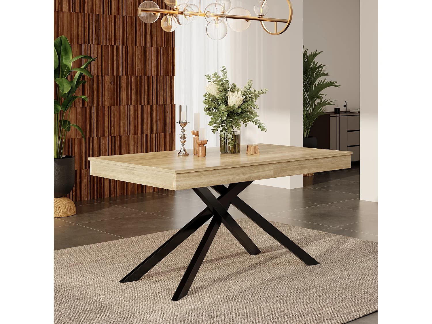 Table de salle à manger extensible - 140/180 x 80 x 76 cm - pour 6 à 8 personnes - pieds en métal - MDF - naturel