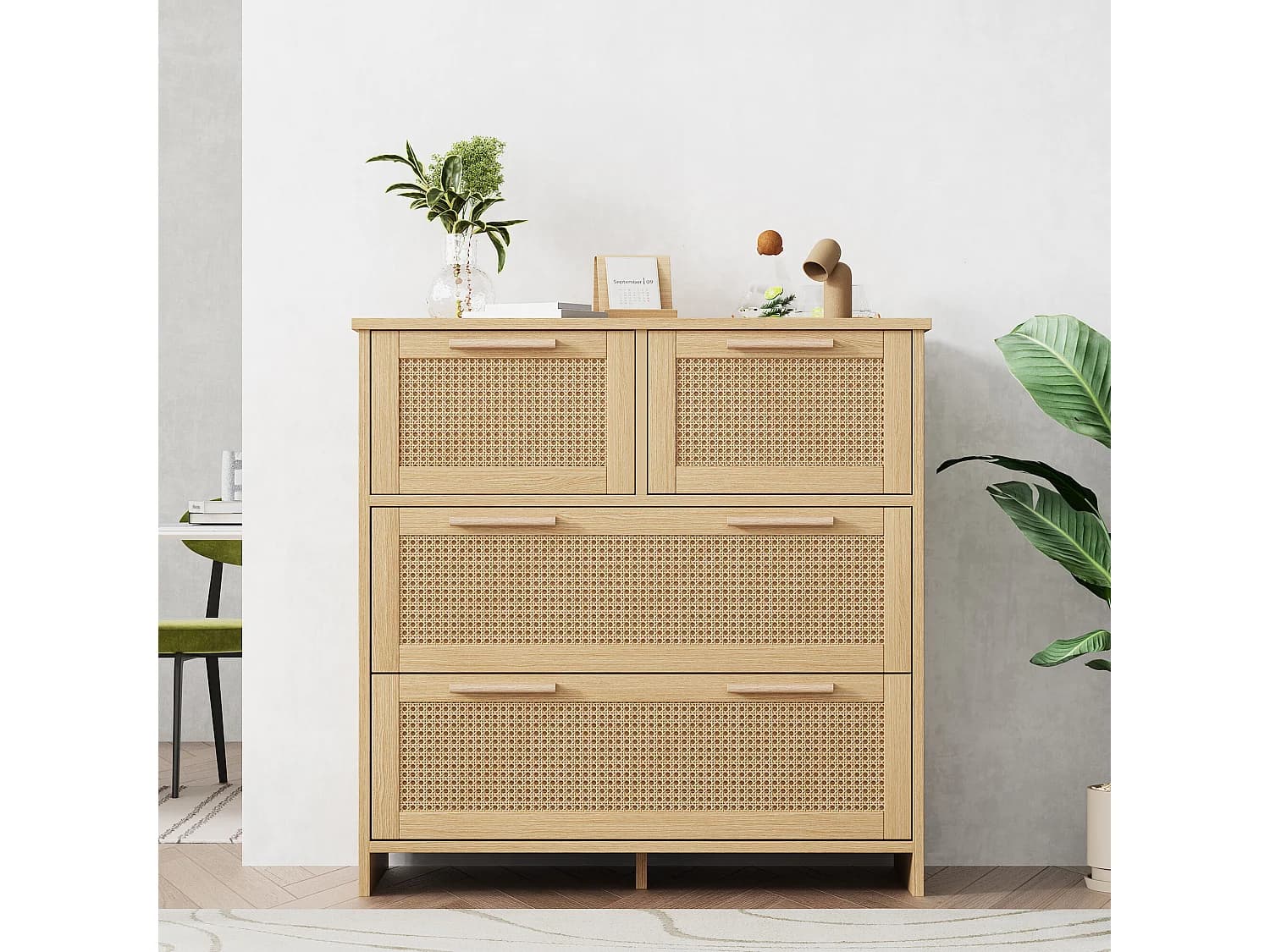 URBAN MEUBLE Buffet moderne à 4 tiroirs en effect bois et rotin tressé 4 tiroirs