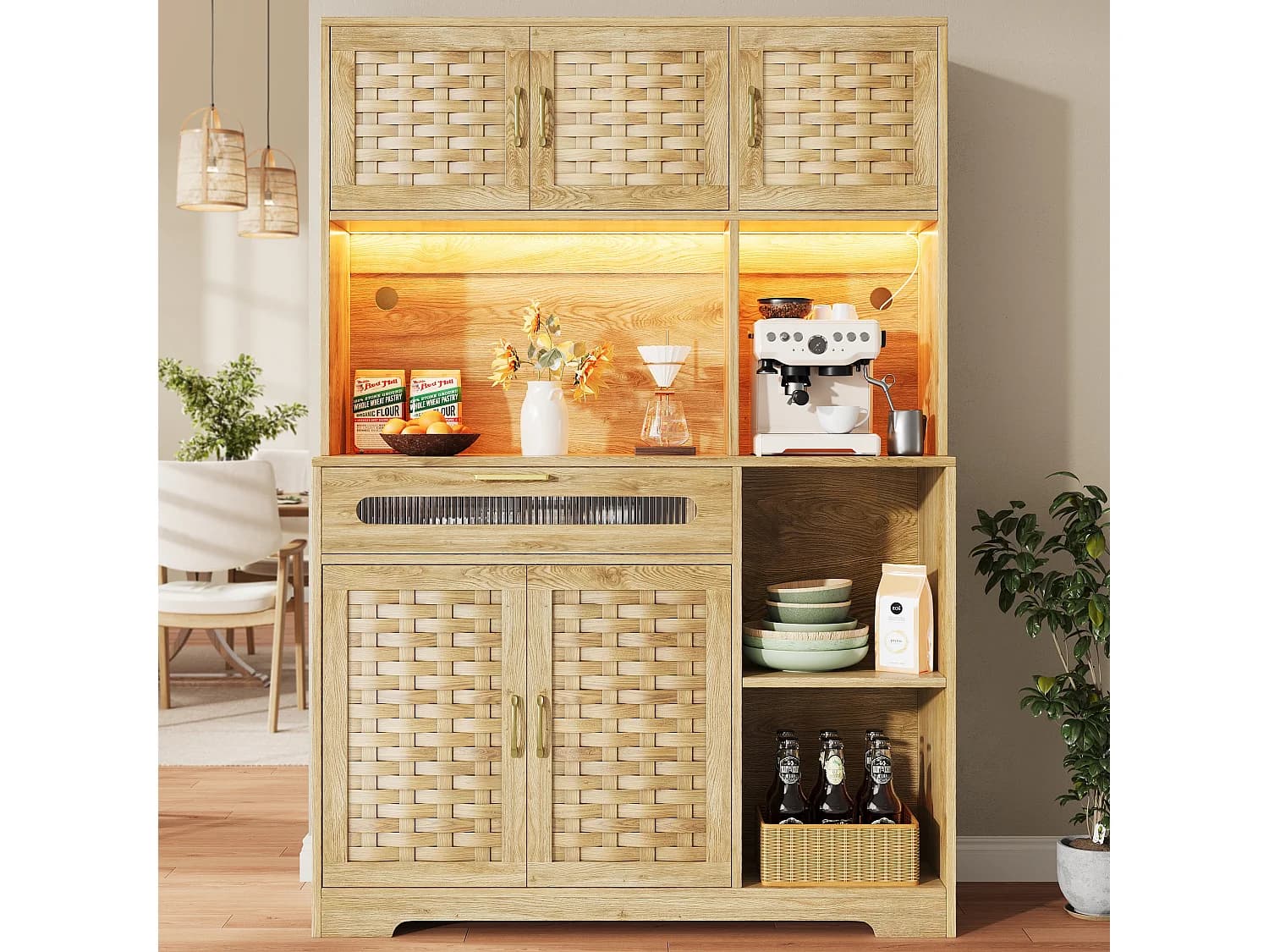 URBAN MEUBLE Buffet haut vaisselier de cuisine effet bois avec rotin tressé, éclairage LED