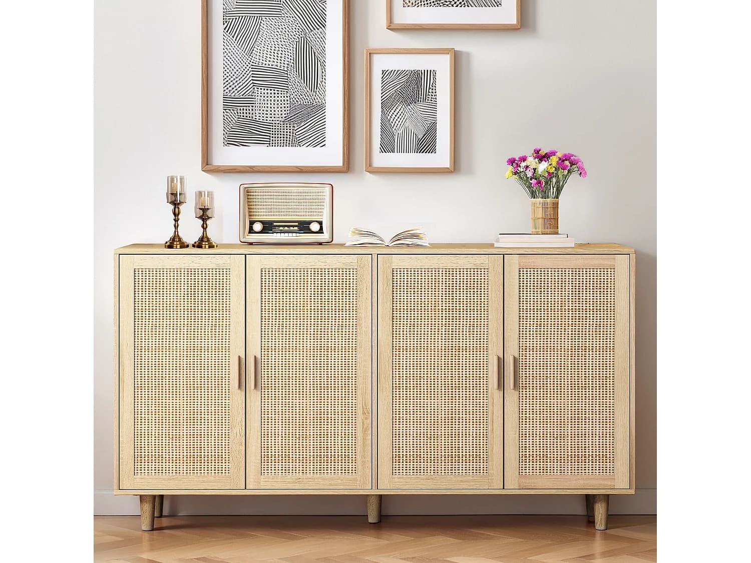 URBAN MEUBLE Buffet 4 portes en bois et cannage – Style naturel et chaleureux