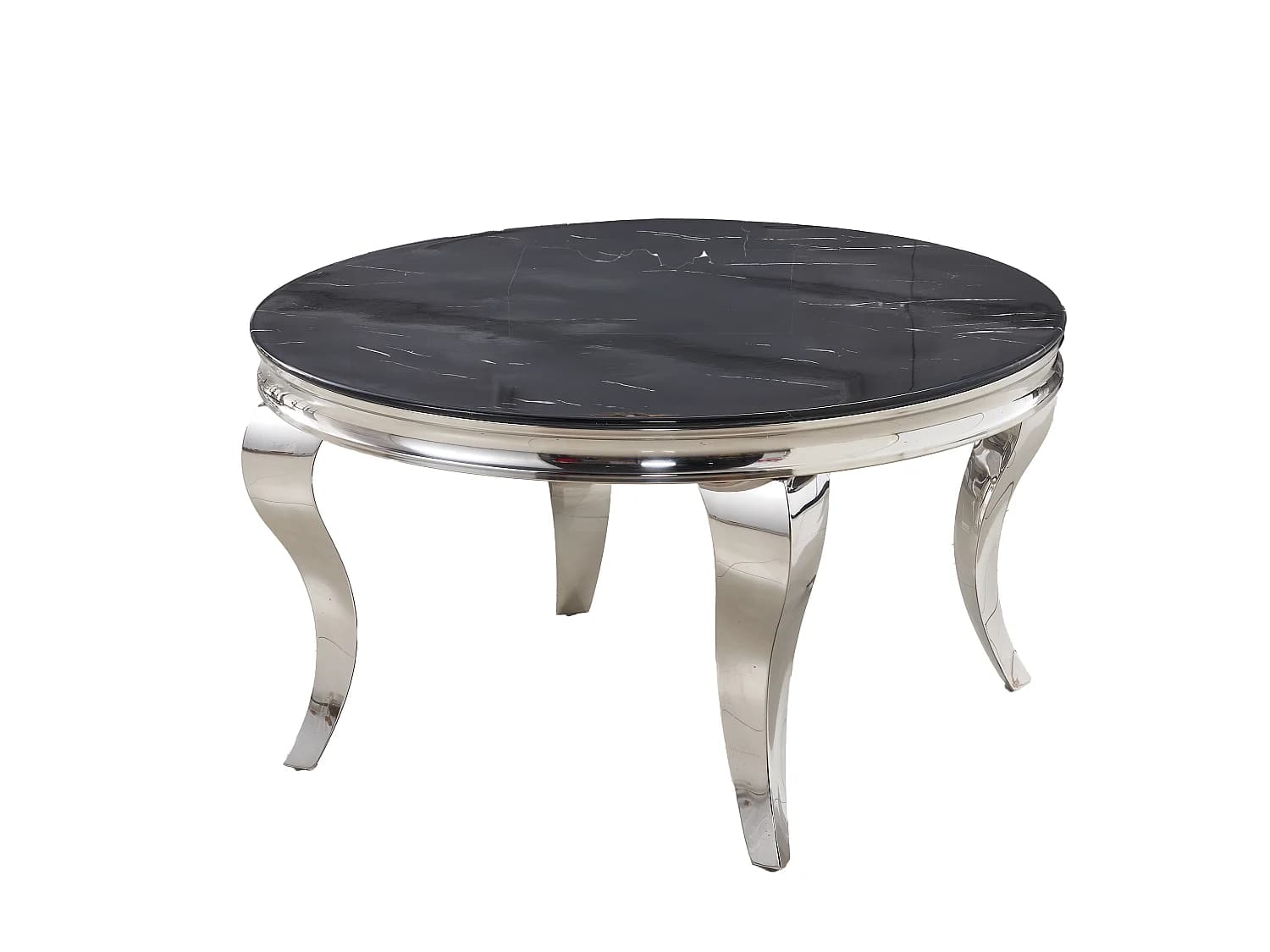 Table Basse BAROQUE Ronde Plateau Verre Trempé Marbré Noir Structure Chrome D80x45cm