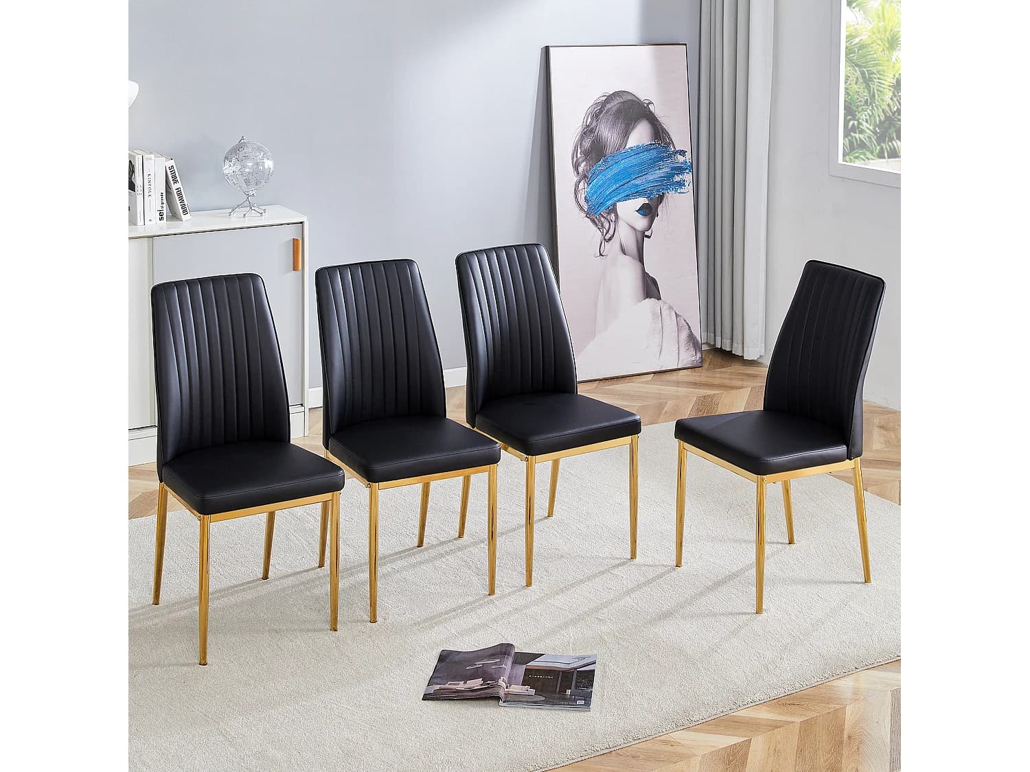 Lot de 4 chaises simili cuir PU noir- Pieds métal doré - Motif à rayures verticales