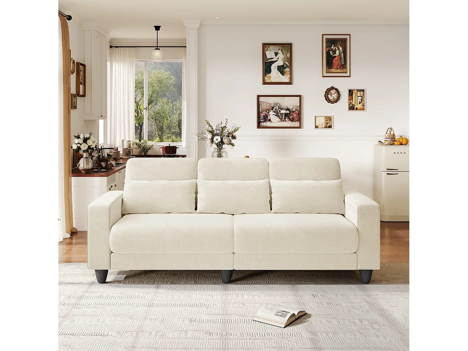 Canapé 3 places en tissu chenille beige - avec 3 oreillers - housse de coussin amovible lavable - 220x81x88cm