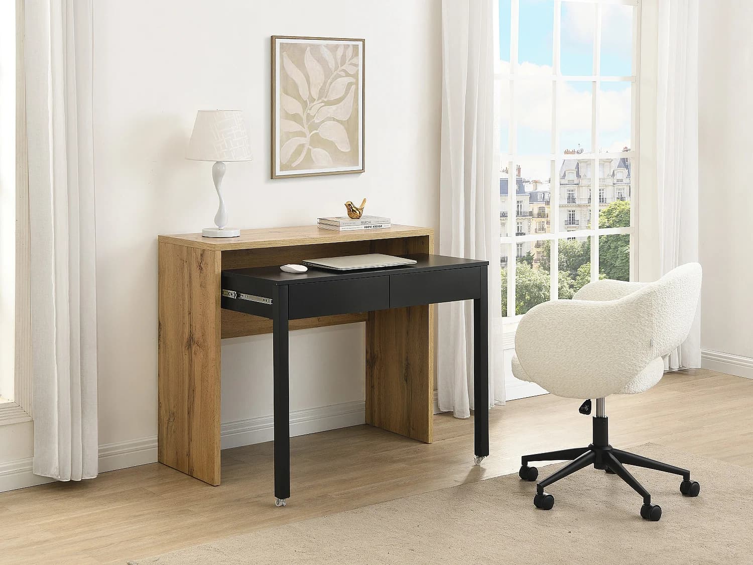 Bureau console extensible avec 2 tiroirs – Coloris : Naturel et noir - LOAVIA