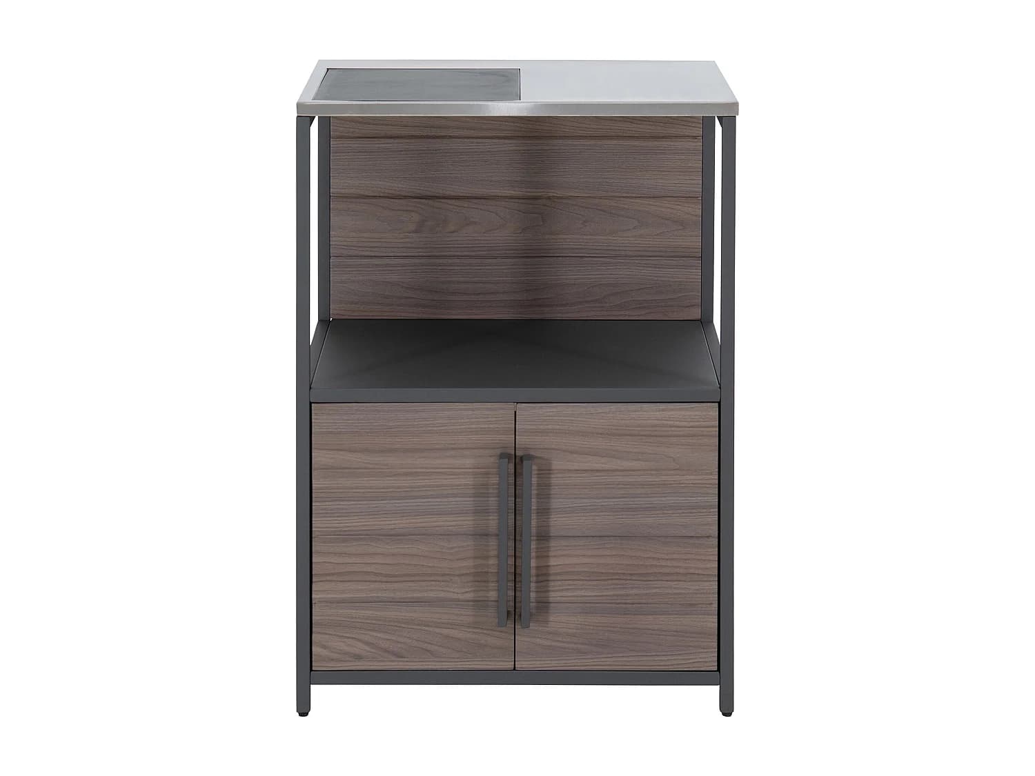 Station de préparation MAMBO avec comptoir en acier inoxydable, étagère de rangement ouverte et armoire