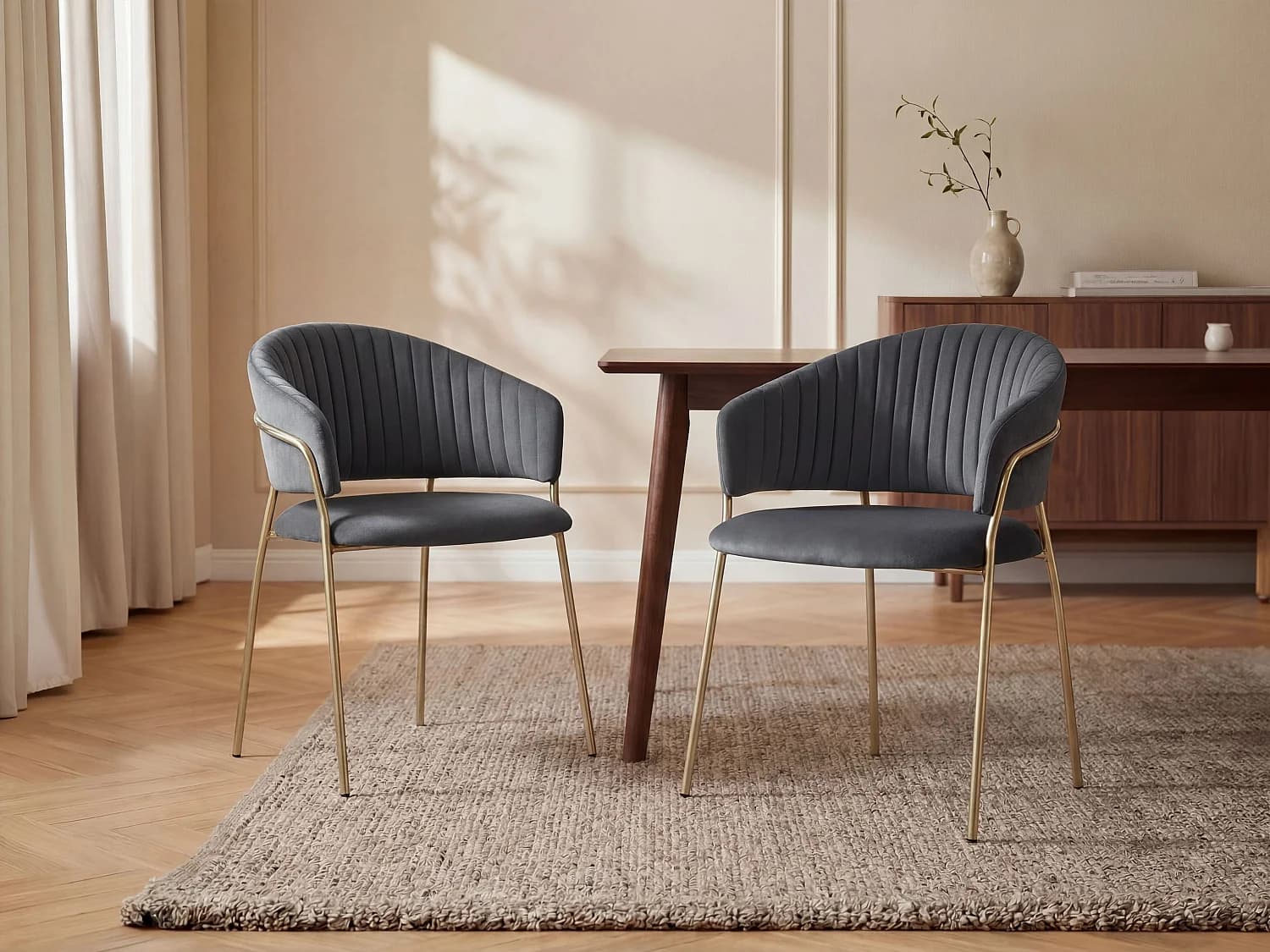 Lot de 2 chaises en velours et métal doré - Gris - MADOLIA