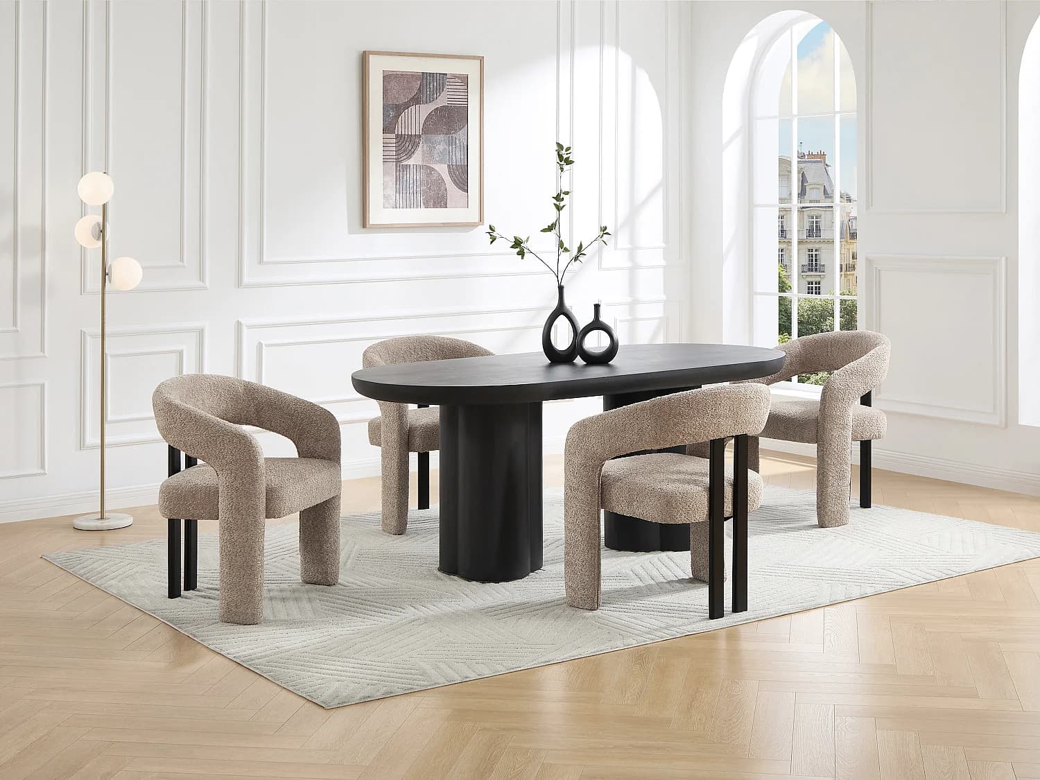 Lot de 2 chaises avec accoudoirs en tissu bouclette et bois d'hévéa noir - Taupe - NORETI