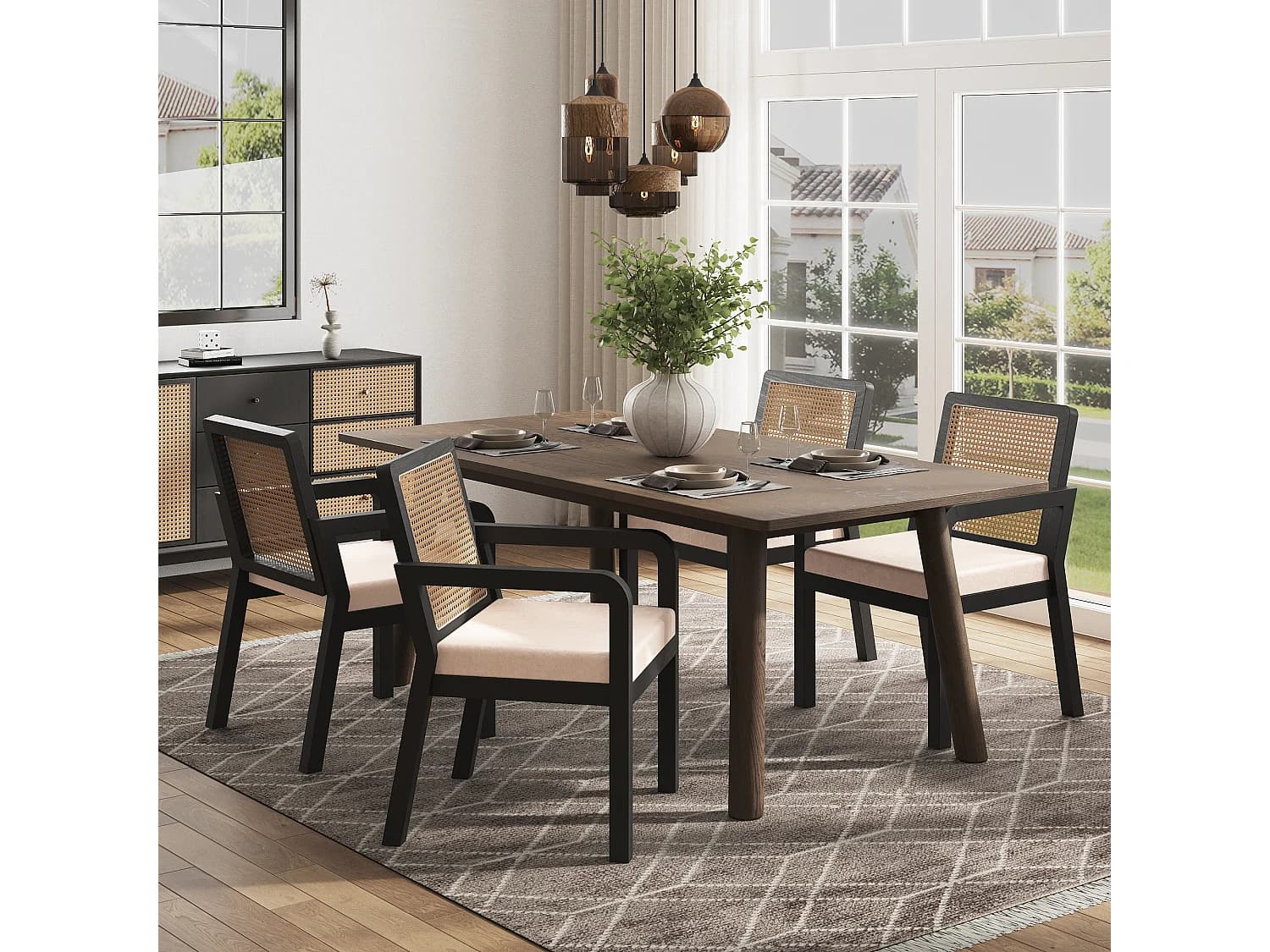 Lot de 4 chaises en velours avec dossier en rotin - Noir et naturel clair