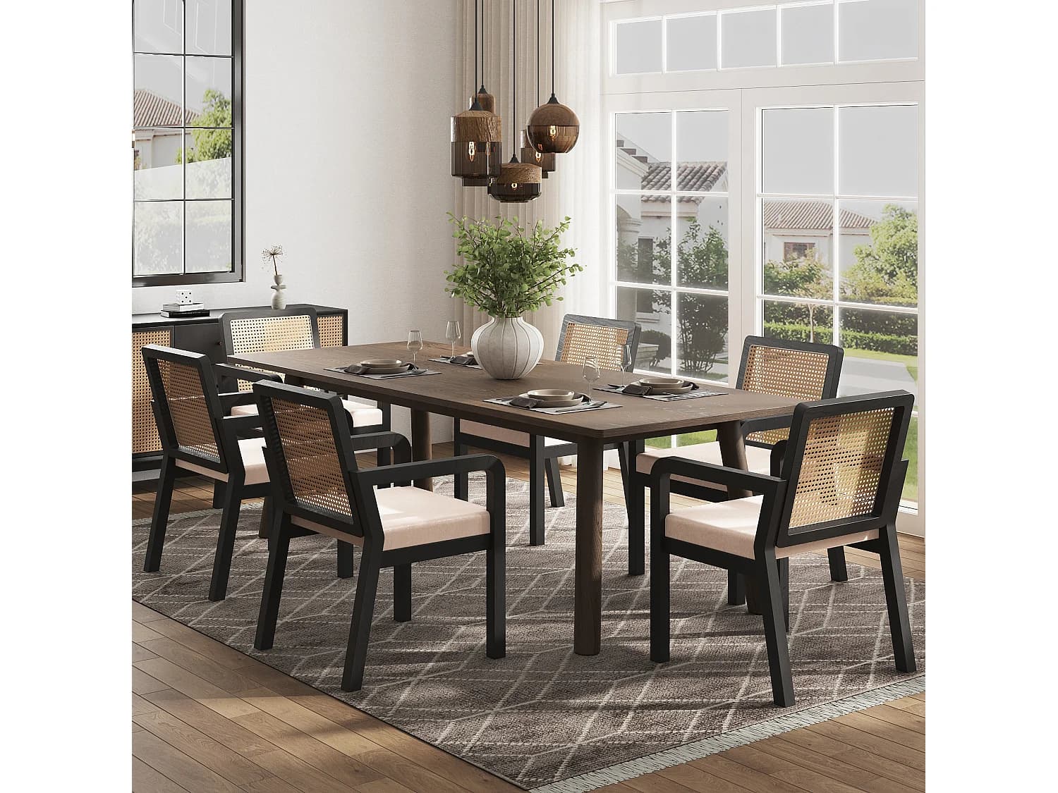 Lot de 6 chaises en velours avec dossier en rotin - Noir et naturel clair