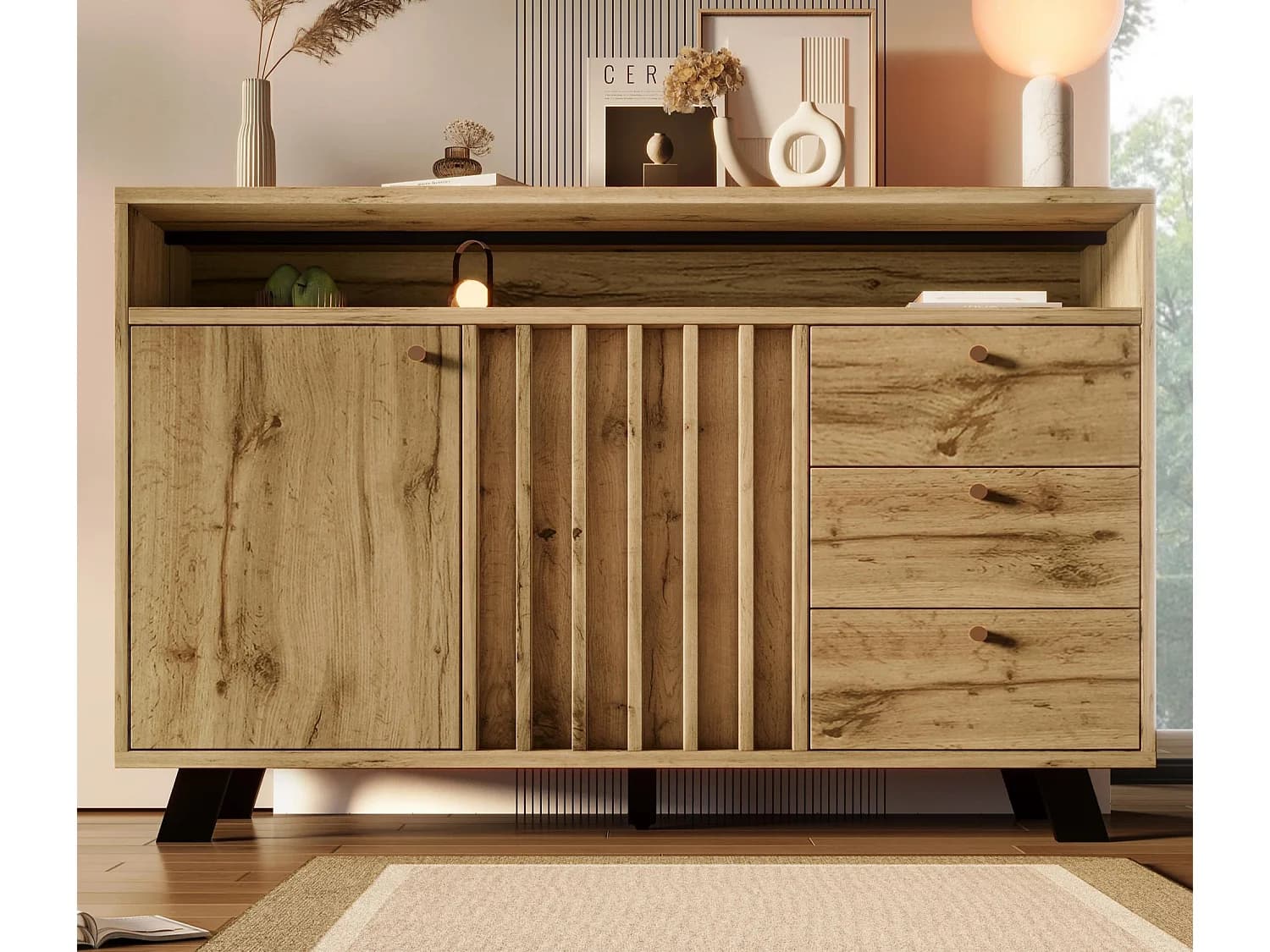 Buffet 120x40x85cm - avec 3 tiroirs et 2 portes - style rétro - avec des étagères ouvertes - couleur chêne foncé