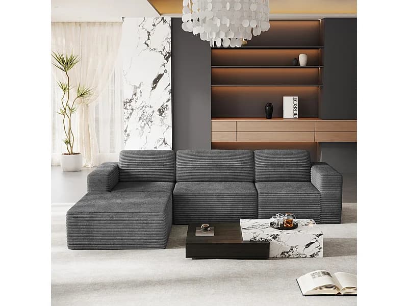 Canapé 3 Places modulable avec pouf - en Velours Côtelé - angle réversible - Gris - 303x202x82cm