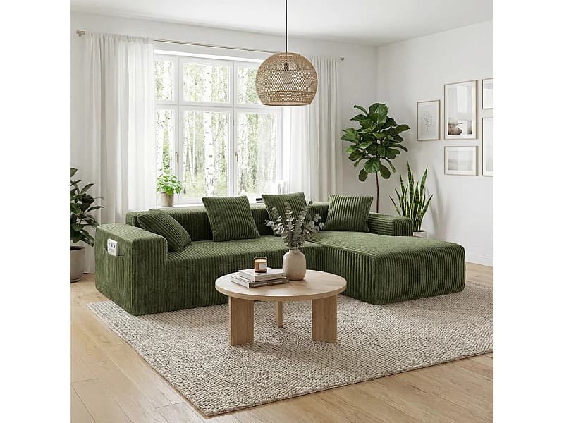 Canapé 3 Places d'angle droite modulable, en Velours côtelé vert, avec 4 Coussins, méridienne et poche latérale, 261x156x80cm