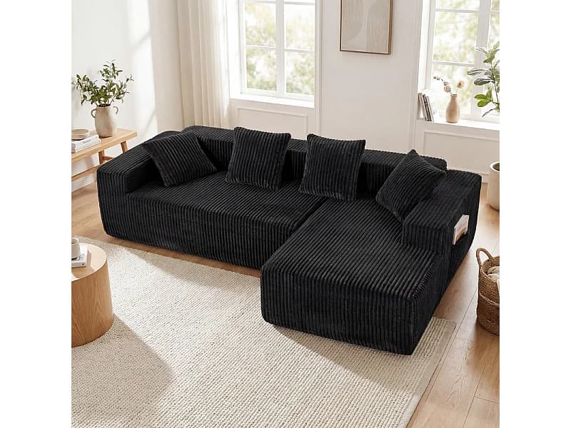 Canapé 3 Places d'angle droite modulable, en Velours côtelé noir, avec 4 Coussins, méridienne et poche latérale, 261x156x80cm