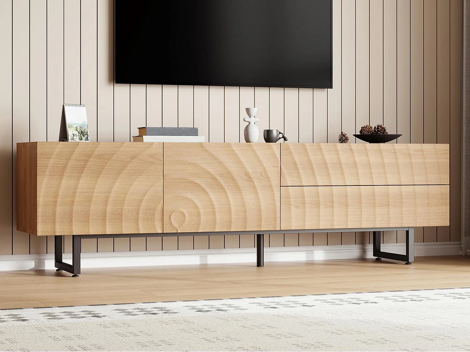 Meuble TV moderne 180x38x51.5 cm - 2 portes et 2 tiroirs - Finition bois veiné ondulé - Panneaux de particules - Naturel