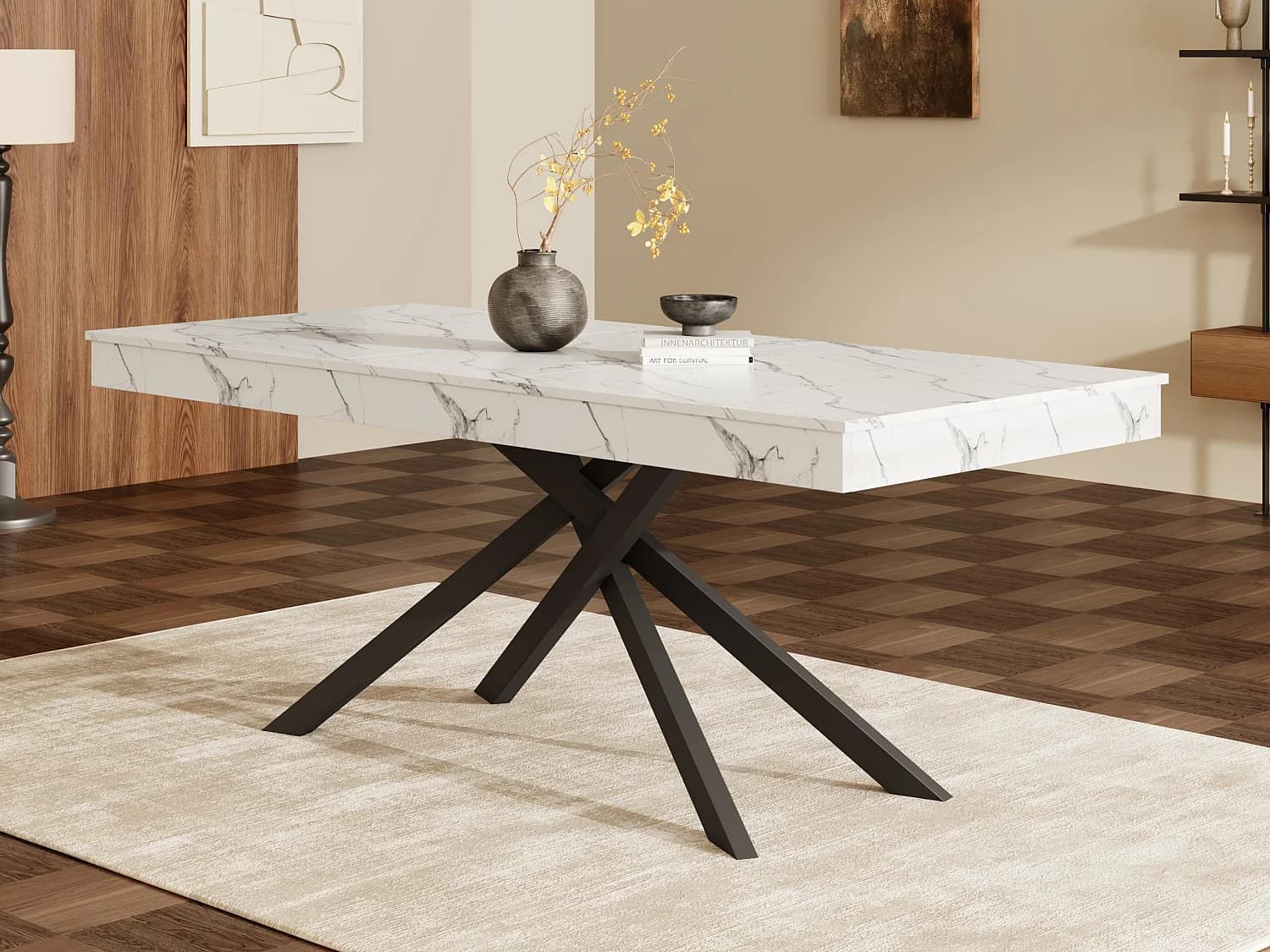 Table à manger rectangulaire extensible 140/180x80x76 cm - Pour 6 à 8 personnes - Plateau épais - Pieds en métal - Blanc
