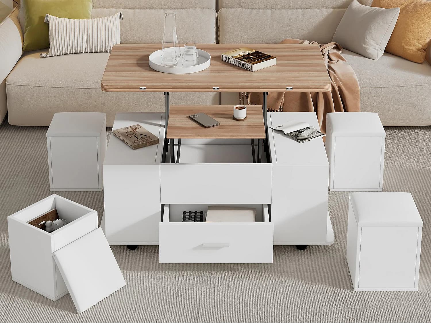 Table basse mobile relevable 100x50x45cm - Avec 1 tiroir - 4 tabourets avec rangement - Blanc+naturel