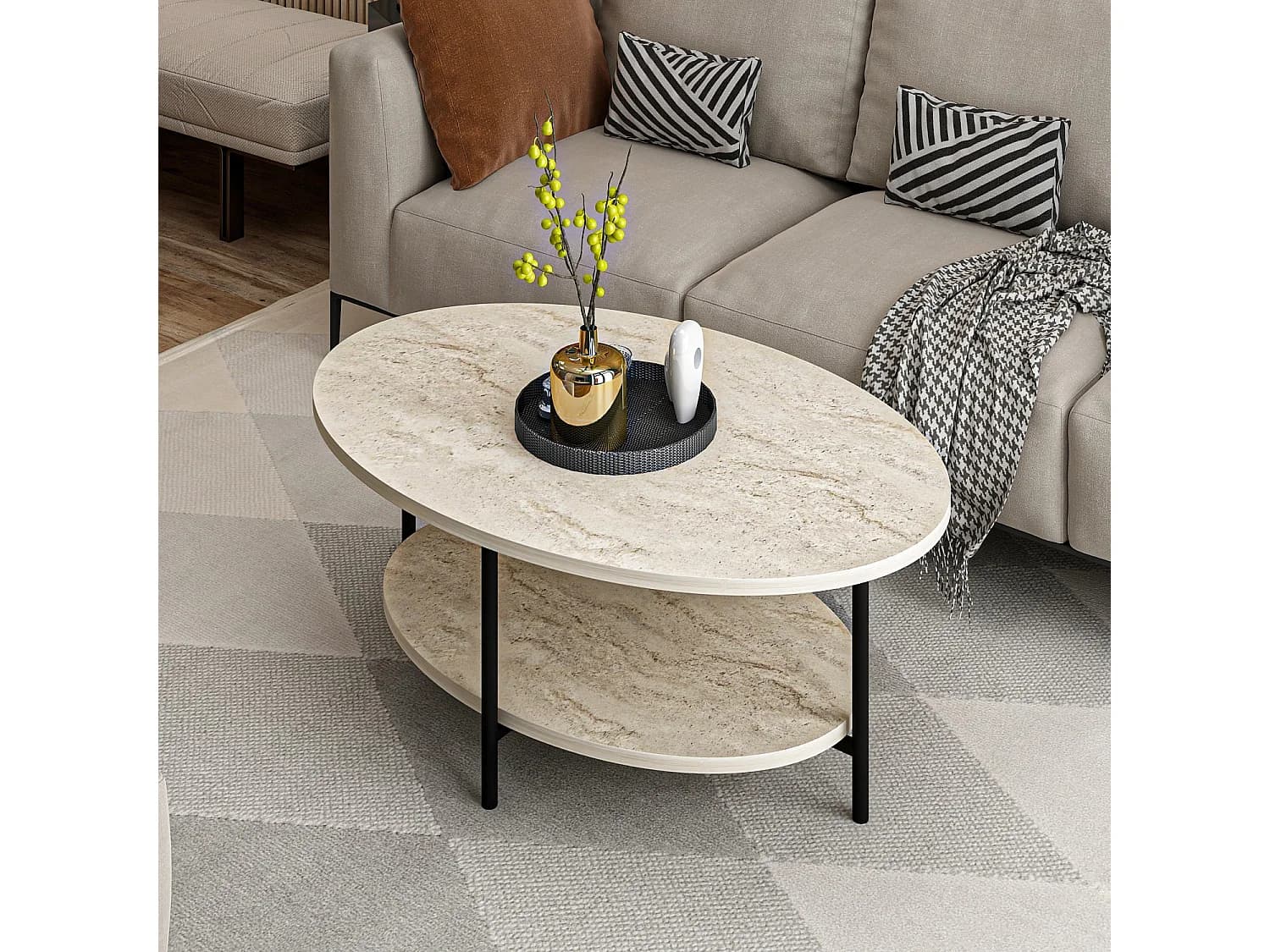 Table basse en bois "Elis" - 90 x 60 x 36 cm - Travertin