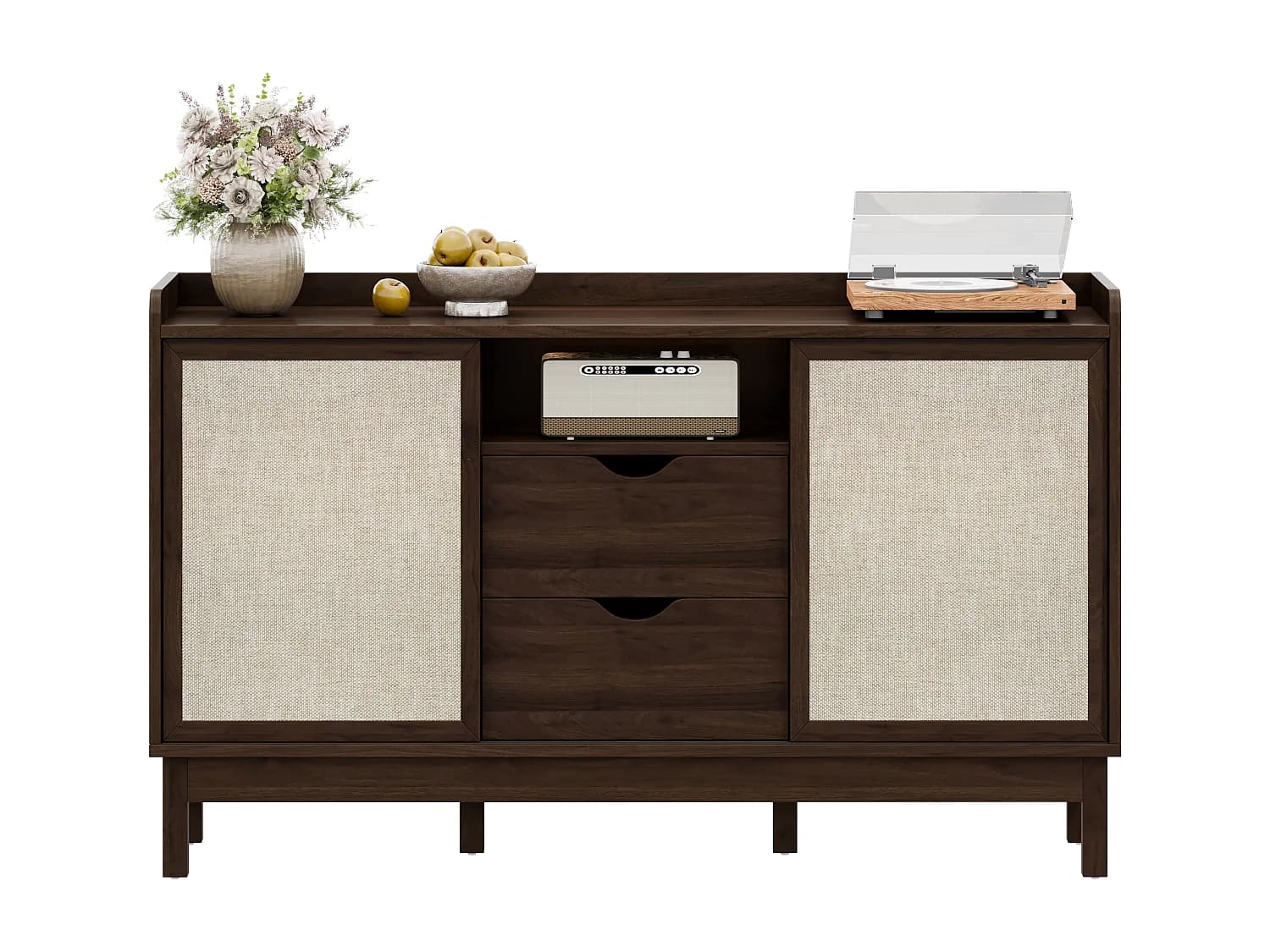 Buffet moderne pour salon - 150 x 39.5 x 80 cm - avec portes coulissantes + 2 tiroir - aggloméré - naturel foncé