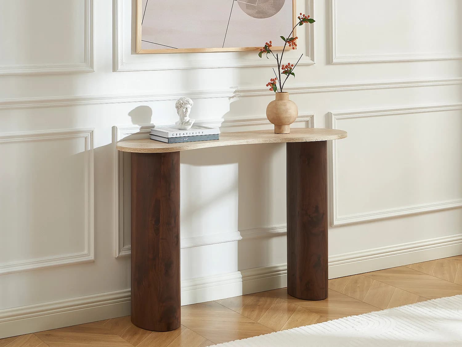 Console en MDF - Effet travertin et naturel foncé - ALOZYA