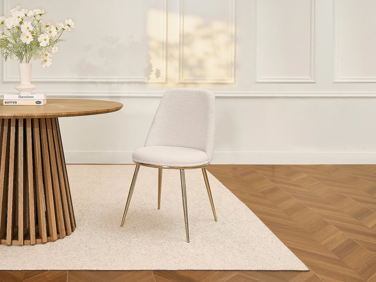 Lot de 2 chaises en tissu bouclette et métal doré - Blanc - NEBINA