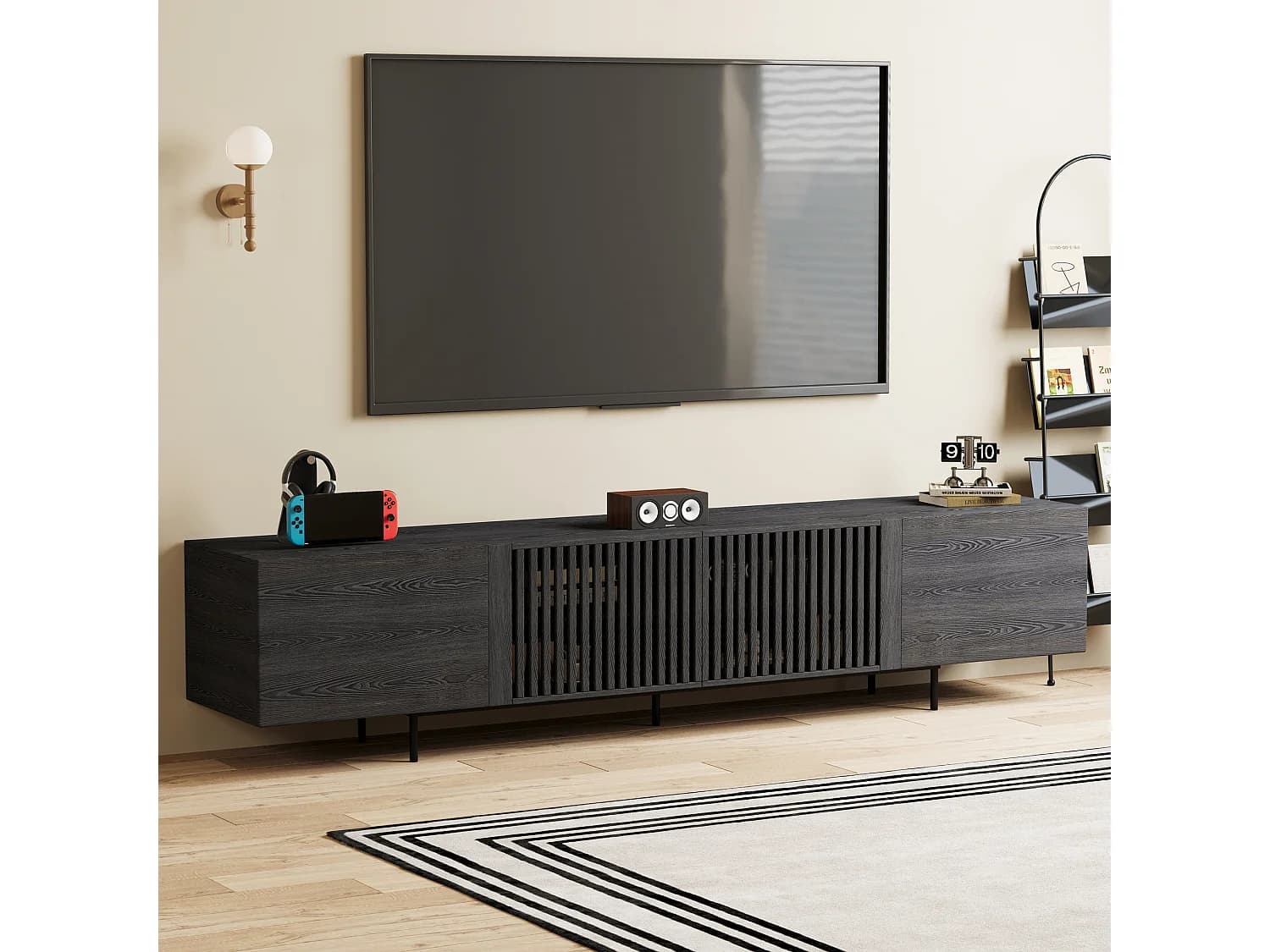 Meuble TV moderne 75 pouces, avec grand espace de rangement, console multimédia de 240 cm, pour salon et chambre, couleur noire