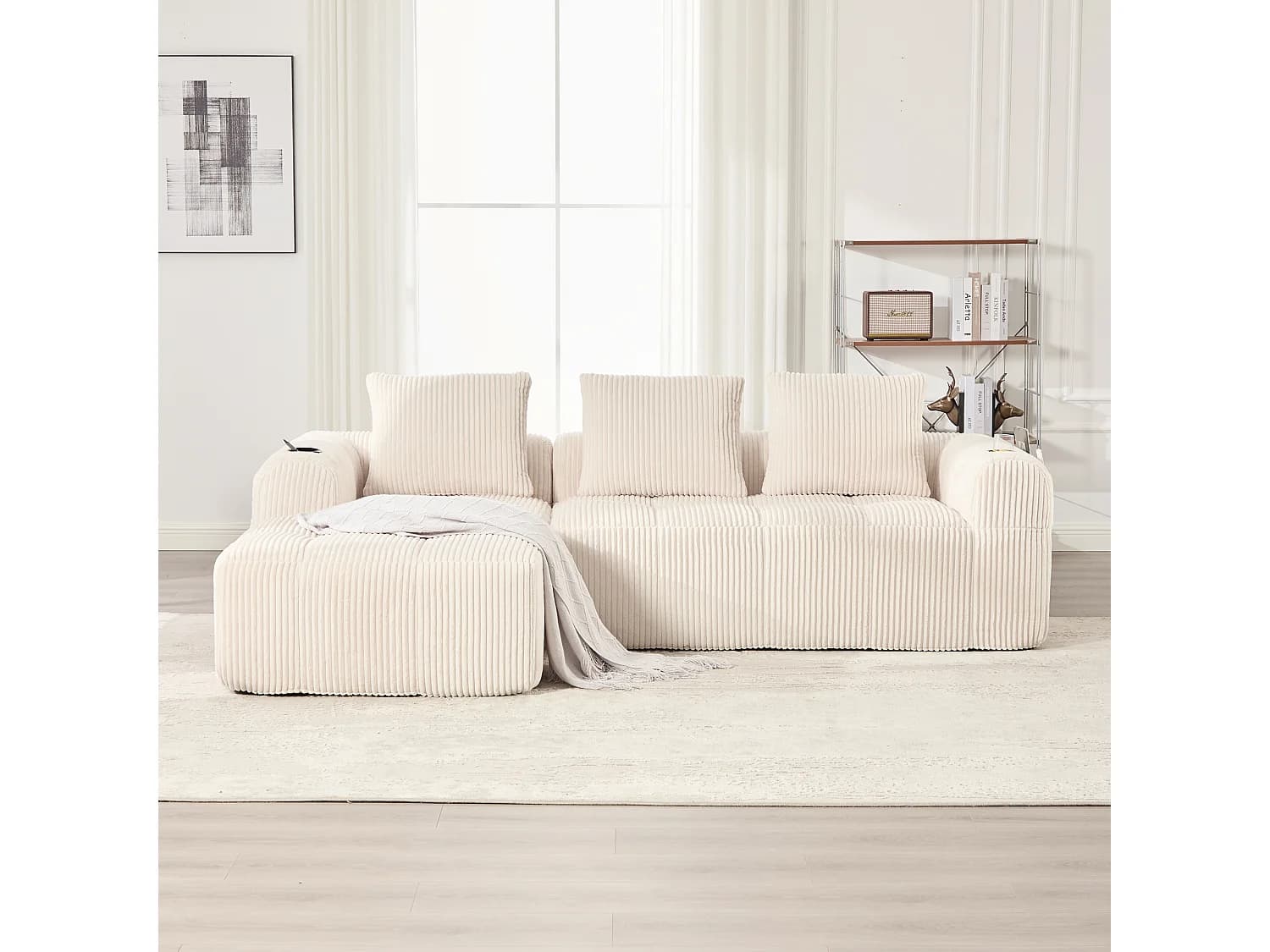 Canapé 4 place en velours côtelé - 3 coussins et poche latérale - Beige